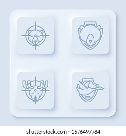 Set line Hunt on bear with crosshairs, Bear head on shield, Hunt on moose with crosshairs and Flying duck on shield. White square button. Vector