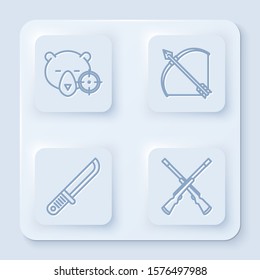 Set line Hunt on bear with crosshairs, Bow and arrow in quiver, Hunter knife and Two crossed shotguns. White square button. Vector