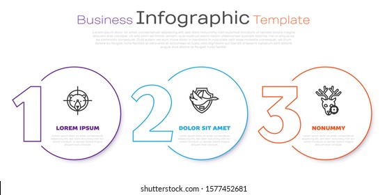Set line Hunt on bear with crosshairs, Flying duck on shield and Hunt on deer with crosshairs. Business infographic template. Vector