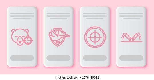 Set line Hunt on bear with crosshairs, Flying duck on shield, Target sport for shooting competition and Trap hunting. White rectangle button. Vector