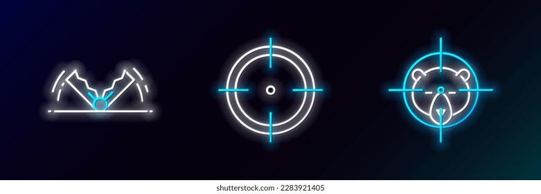 Ponga la línea Caza en oso con cruces, Caza de Trampa y Deporte Target para un icono de la competencia de tiro. Neón brillante. Vector