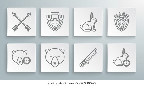 Set line Hunt on bear with crosshairs, Moose head shield, Bear, Hunter knife, rabbit, Rabbit, Deer antlers and Crossed arrows icon. Vector