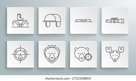Set line Hunt on bear with crosshairs, Hunter hat, Bear head shield, Moose horns, Trap hunting, Sniper optical sight and  icon. Vector