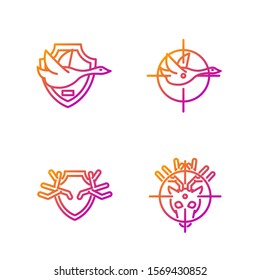 Set line Hunt on deer with crosshairs, Deer antlers on shield, Flying duck on shield and Hunt on duck with crosshairs. Gradient color icons. Vector