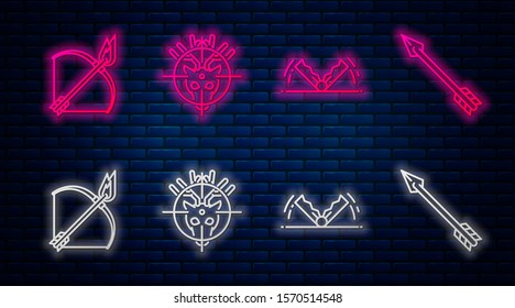 Set line Hunt on deer with crosshairs, Trap hunting, Bow and fire arrow and Hipster arrow. Glowing neon icon on brick wall. Vector