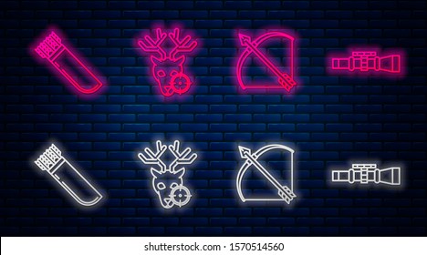 Set line Hunt on deer with crosshairs, Bow and arrow in quiver, Quiver with arrows and Sniper optical sight. Glowing neon icon on brick wall. Vector