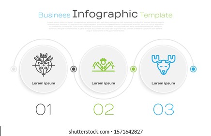 Set line Hunt on deer with crosshairs, Trap hunting and Moose head with horns. Business infographic template. Vector