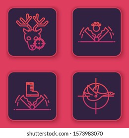 Set line Hunt on deer with crosshairs, Trap hunting, Trap hunting and Hunt on duck with crosshairs. Blue square button. Vector