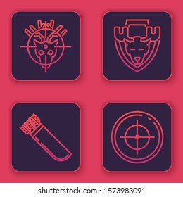 Set line Hunt on deer with crosshairs, Quiver with arrows, Moose head on shield and Target sport for shooting competition. Blue square button. Vector