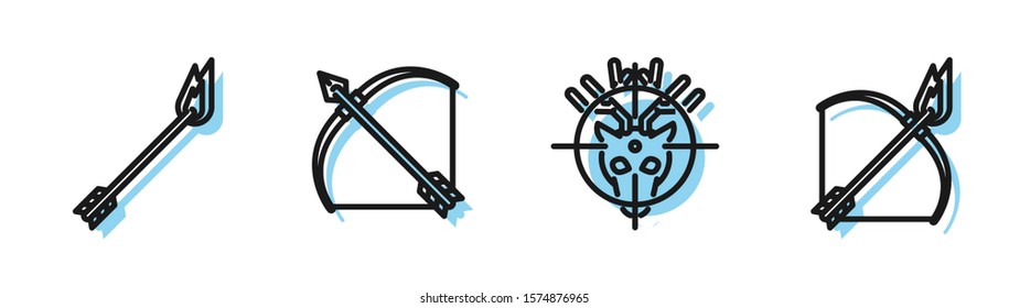 Set line Hunt on deer with crosshairs, Flame arrow, Bow and arrow in quiver and Bow and fire arrow icon. Vector