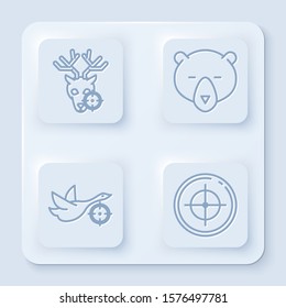 Set line Hunt on deer with crosshairs, Bear head, Hunt on duck with crosshairs and Target sport for shooting competition. White square button. Vector