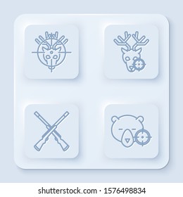 Set line Hunt on deer with crosshairs, Hunt on deer with crosshairs, Two crossed shotguns and Hunt on bear with crosshairs. White square button. Vector