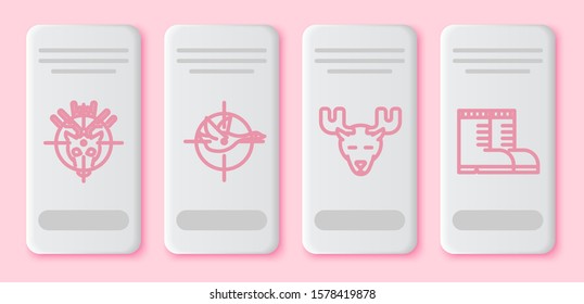 Set line Hunt on deer with crosshairs, Hunt on duck with crosshairs, Moose head with horns and Hunter boots. White rectangle button. Vector