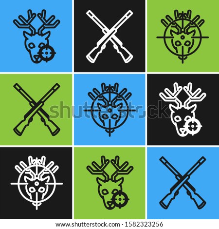 Set line Hunt on deer with crosshairs, Hunt on deer with crosshairs and Two crossed shotguns icon. Vector