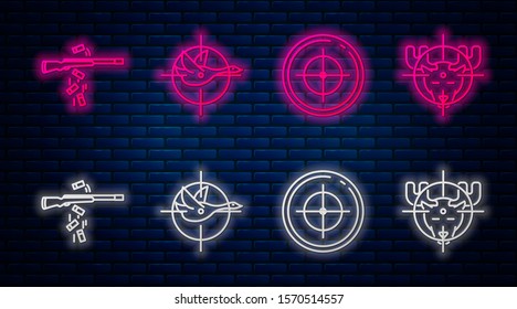 Set line Hunt on duck with crosshairs, Target sport for shooting competition, Gun shooting and Hunt on moose with crosshairs. Glowing neon icon on brick wall. Vector
