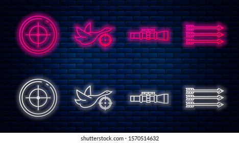 Set line Hunt on duck with crosshairs, Sniper optical sight, Target sport for shooting competition and Hipster arrows. Glowing neon icon on brick wall. Vector