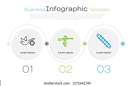 Set line Hunt on duck with crosshairs, Gun shooting and Hunting cartridge belt with cartridges. Business infographic template. Vector