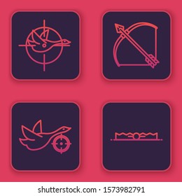 Set line Hunt on duck with crosshairs, Hunt on duck with crosshairs, Bow and arrow in quiver and Trap hunting. Blue square button. Vector