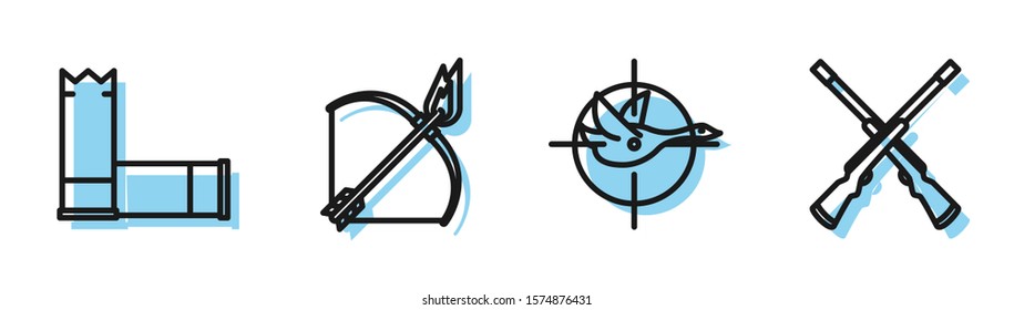 Set line Hunt on duck with crosshairs, Cartridges, Bow and fire arrow and Two crossed shotguns icon. Vector