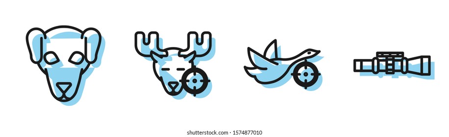 Set line Hunt on duck with crosshairs, Hunting dog, Hunt on moose with crosshairs and Sniper optical sight icon. Vector