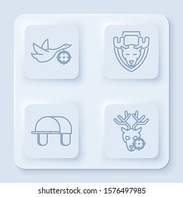 Set line Hunt on duck with crosshairs, Moose head on shield, Hunter hat and Hunt on deer with crosshairs. White square button. Vector