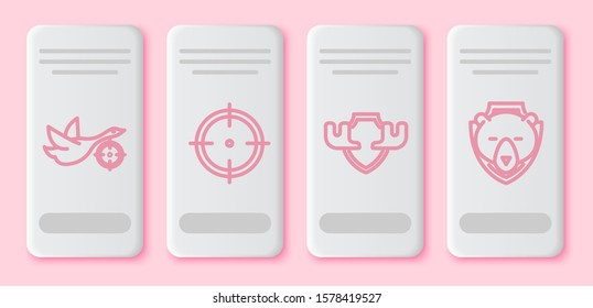 Set line Hunt on duck with crosshairs, Target sport for shooting competition, Moose horns on shield and Bear head on shield. White rectangle button. Vector