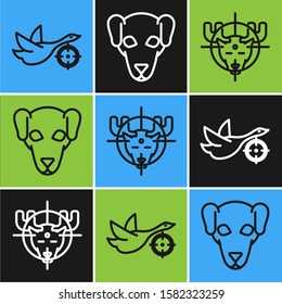 Set line Hunt on duck with crosshairs, Hunt on moose with crosshairs and Hunting dog icon. Vector