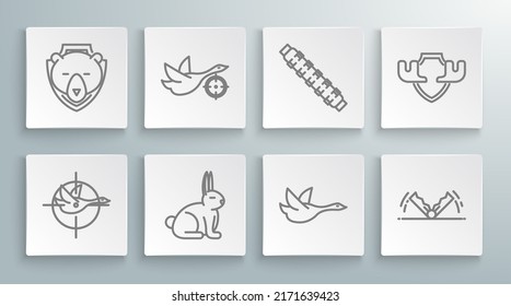 Set line Hunt on duck with crosshairs, Rabbit, Flying, Trap hunting, Hunting cartridge belt cartridges, Moose horns shield and Bear head icon. Vector