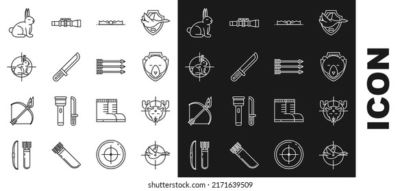 Set line Hunt on duck with crosshairs, moose, Bear head shield, Trap hunting, Hunter knife, rabbit, Rabbit and Hipster arrows icon. Vector