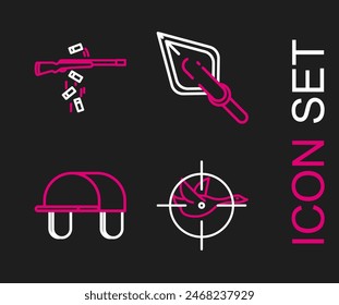 Fija la línea Hunt en pato con cruz, sombrero de cazador, punta de flecha Hipster e icono de disparo de pistola. Vector