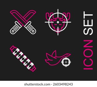 Set line Hunt on duck with crosshairs, Hunting cartridge belt cartridges, moose and Crossed hunter knife icon. Vector