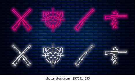Set line Hunt on moose with crosshairs, Hunting gun, Two crossed shotguns and Gun shooting. Glowing neon icon on brick wall. Vector