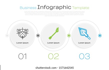 Set line Hunt on moose with crosshairs, Flame arrow and Hipster arrow tip. Business infographic template. Vector