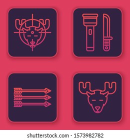Set line Hunt on moose with crosshairs, Hipster arrows, Flashlight and knife and Moose head with horns. Blue square button. Vector