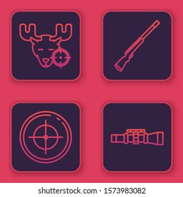 Set line Hunt on moose with crosshairs, Target sport for shooting competition, Hunting gun and Sniper optical sight. Blue square button. Vector