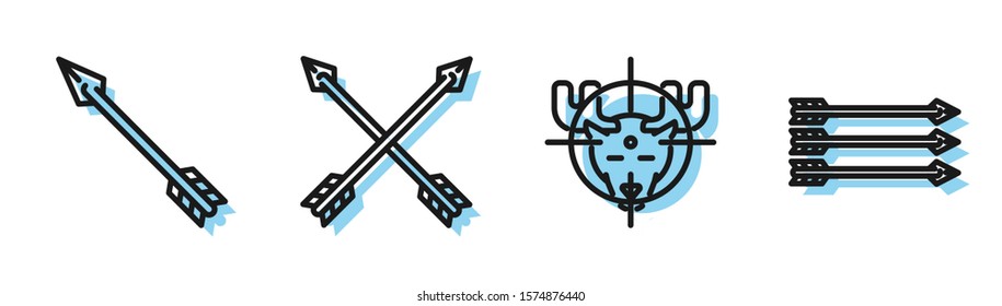 Set line Hunt on moose with crosshairs, Hipster arrow, Crossed arrows and Hipster arrows icon. Vector