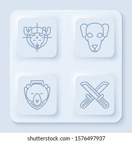 Set line Hunt on moose with crosshairs, Hunting dog, Bear head on shield and Crossed hunter knife. White square button. Vector