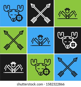 Set line Hunt on moose with crosshairs, Trap hunting and Crossed arrows icon. Vector