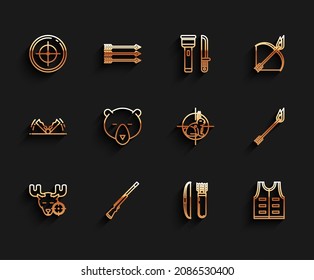 Set line Hunt on moose with crosshairs, Hunting gun, Target sport for shooting competition, Bow and arrow quiver, jacket, Bear head, Flame and rabbit icon. Vector