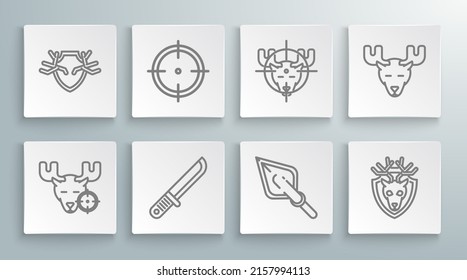 Set line Hunt on moose with crosshairs, Target sport for shooting competition, Hunter knife, Hipster arrow tip, Deer head antlers shield, Moose horns and  icon. Vector