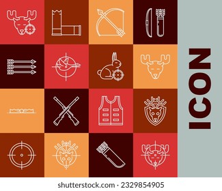 Set line Hunt on moose with crosshairs, Deer head antlers shield, Moose horns, Bow and arrow in quiver, duck, Hipster arrows,  and rabbit icon. Vector