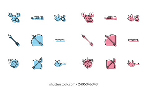 Set line Hunt on moose with crosshairs, Bow and fire arrow, Flying duck, quiver, Trap hunting, Hipster and Sniper optical sight icon. Vector
