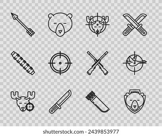 Caza en el alce con la cruz, el escudo de la cabeza del oso, el cuchillo del cazador, la flecha del hipster, el deporte objetivo para la competición de tiro, las flechas del carámbano y el icono del pato. Vector
