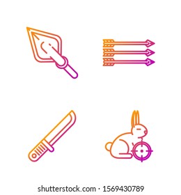 Set line Hunt on rabbit with crosshairs, Hunter knife, Hipster arrow tip and Hipster arrows. Gradient color icons. Vector