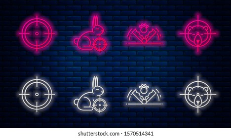 Set line Hunt on rabbit with crosshairs, Trap hunting, Target sport for shooting competition and Hunt on bear with crosshairs. Glowing neon icon on brick wall. Vector