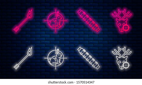 Set line Hunt on rabbit with crosshairs, Hunting cartridge belt with cartridges, Flame arrow and Hunt on deer with crosshairs. Glowing neon icon on brick wall. Vector