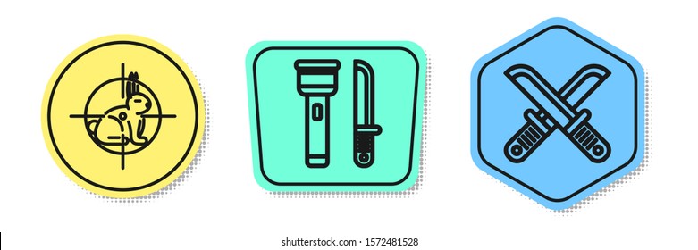 Set line Hunt on rabbit with crosshairs, Flashlight and knife and Crossed hunter knife. Colored shapes. Vector