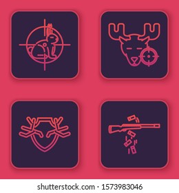Set line Hunt on rabbit with crosshairs, Deer antlers on shield, Hunt on moose with crosshairs and Gun shooting. Blue square button. Vector