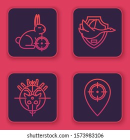 Set line Hunt on rabbit with crosshairs, Hunt on deer with crosshairs, Flying duck on shield and Hunt place. Blue square button. Vector