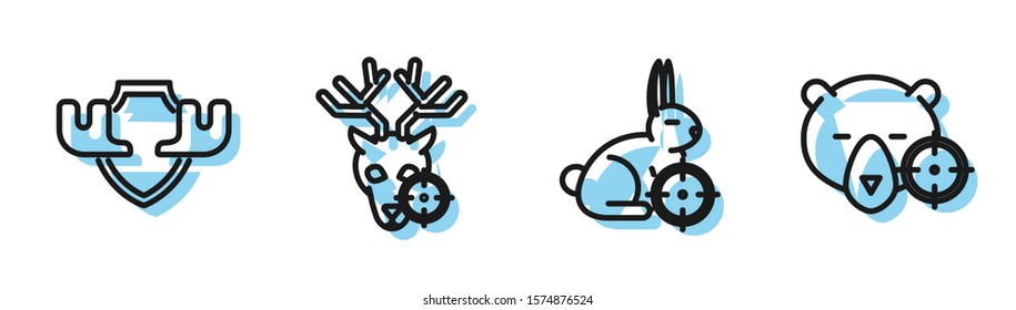 Set line Hunt on rabbit with crosshairs, Moose horns on shield, Hunt on deer with crosshairs and Hunt on bear with crosshairs icon. Vector